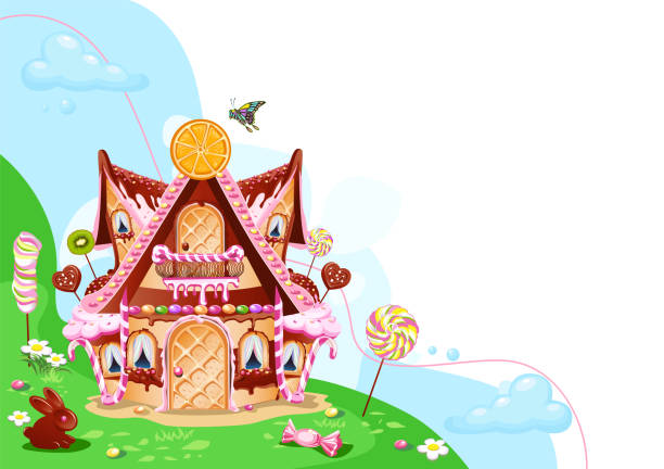 sweet house candy land sweet little house with chocolate, waffles and cookies, decorated with sweets, stands in a forest glade. Fairy tale background with gingerbread house in cartoon style vector illustration. candy house stock illustrations