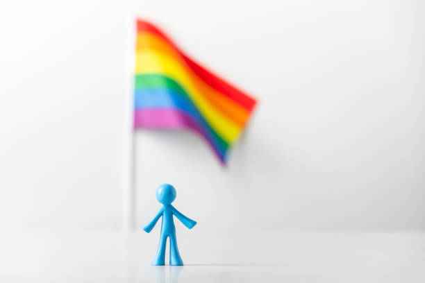 istock Plastic figure and LGBT rainbow flag on light gray background 1356583266