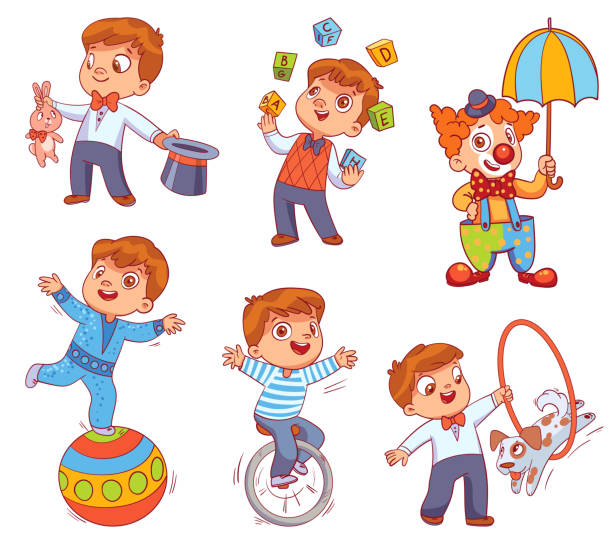 ilustrações de stock, clip art, desenhos animados e ícones de boy performs different circus tricks - entertainment clown child circus