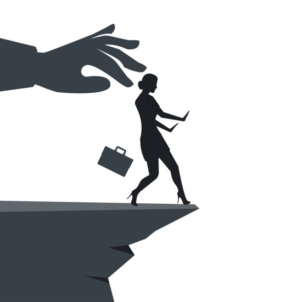 Man pushes a businesswoman with a cliff. Vector flat. Man pushes a businesswoman with a cliff. Big hand of leader pushes subordinate employee into abyss. Standing on cliff. Danger of falling into abyss. Business challenge concept. Vector flat design. cliffs stock illustrations