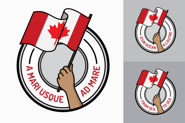 illustrazioni stock, clip art, cartoni animati e icone di tendenza di bandiera canadese con il motto ufficiale del canada - canadian flag canadian culture canada people