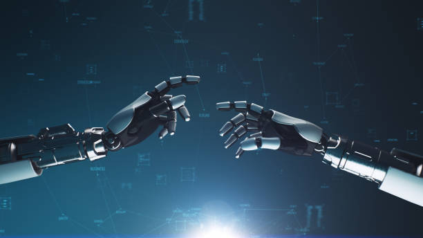 istock 3D Render of robotic arms against digital data 1356591724