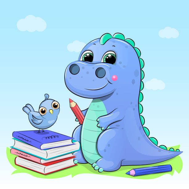 ilustraciones, imágenes clip art, dibujos animados e iconos de stock de lindo dinosaurio de dibujos animados con lápiz y libros. - drawn learn dinosaur