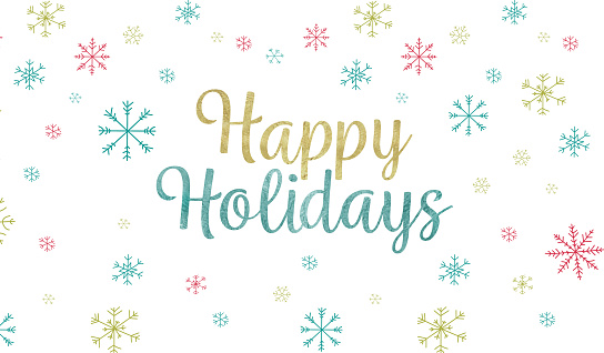Ilustración de la tarjeta de Navidad de las Felices Fiestas con copos de nieve multicolores de vacaciones festivas sobre fondo blanco photo