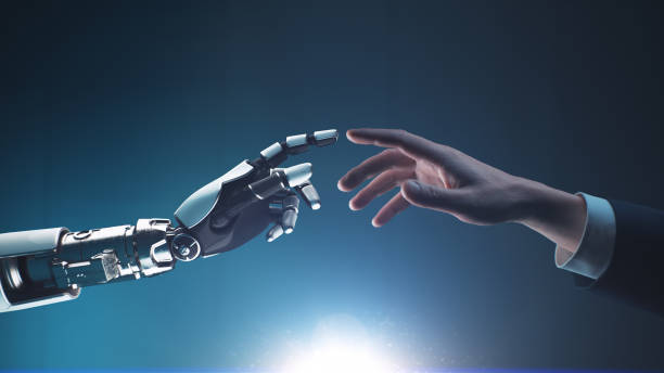 3d render businessman touching robotic hand - artificial intelligence 個照片及圖片檔