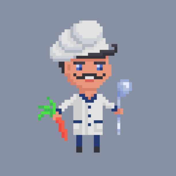 illustrations, cliparts, dessins animés et icônes de chef en uniforme blanc cuisine. personnage de cook dans le pixel art - chef men one person cooking