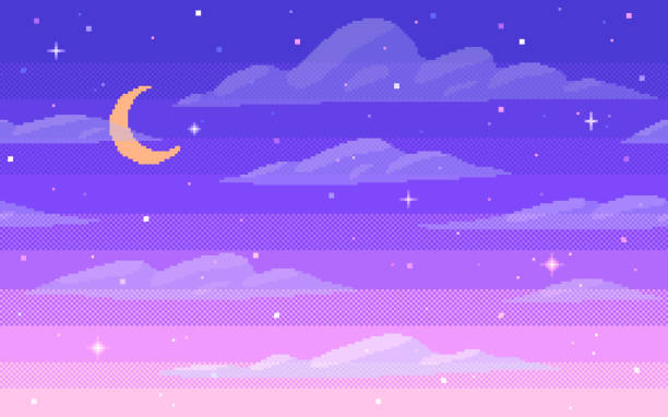 ilustrações de stock, clip art, desenhos animados e ícones de pixel art starry seamless background. night sky in 8 bit style. - gaming background