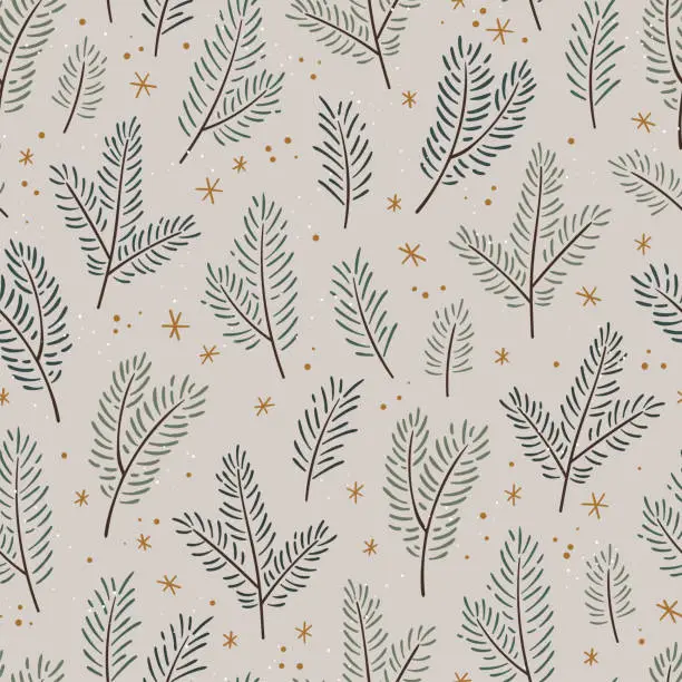 Vector illustration of Cute hand drawn seamless pattern with fir branches and hanging decoration, great for christmas banners, wallpapers, wrapping, textiles - vector design