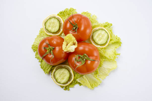 Fresh tomatoes with water drops on green lettuce