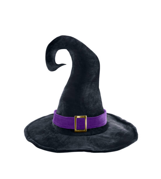 sombrero de bruja de halloween negro aislado sobre fondo blanco con trazado de recorte - purple belt fotografías e imágenes de stock