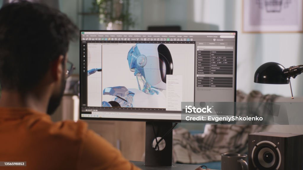 Anonymous content creator rendering 3D model Unrecognizable guy creating and rendering 3D model of futuristic robot for film while working on remote project at home Three Dimensional Stock Photo