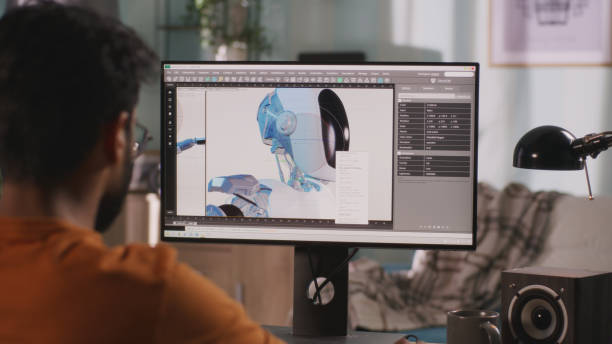 Anonymous content creator rendering 3D model Unrecognizable guy creating and rendering 3D model of futuristic robot for film while working on remote project at home animator stock pictures, royalty-free photos & images