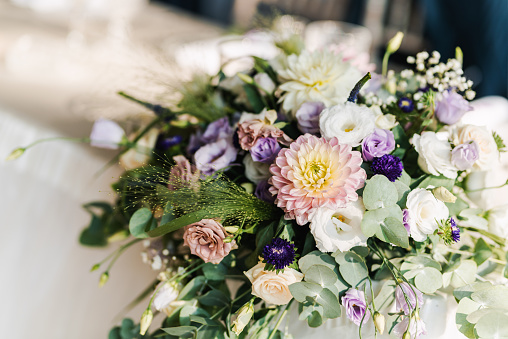 Fresh floral wedding decoration.Table decoration, wedding reception.
