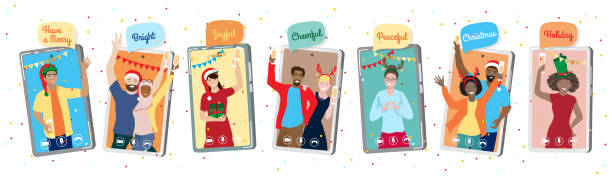Marry Christmas greeting at smartphone online Merry Christmas, Happy New Year  vector card, virtual family, friends  or business team meeting, diverse group of students at online party, celebrating from home. Phone screens, gift box, Santa hat diverse family christmas stock illustrations