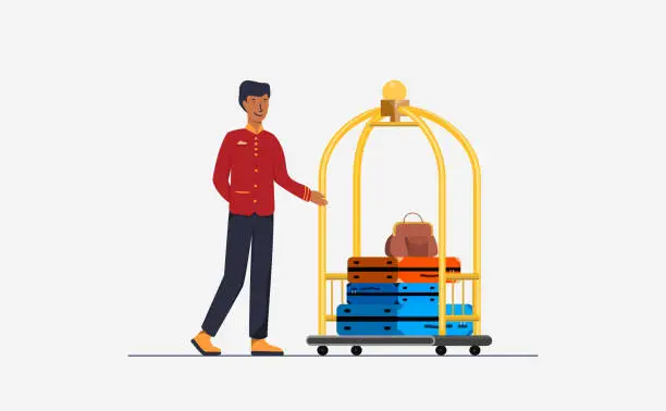 Vector illustration of Vector illustration of Doorman standing by the Hotel cart with luggage