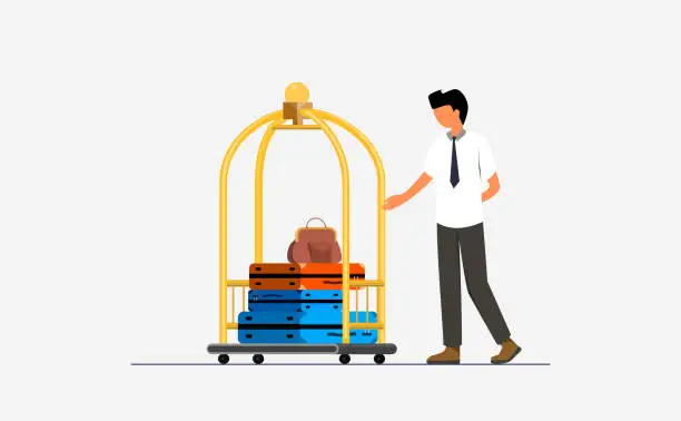 Vector illustration of Vector illustration of Doorman standing by the Hotel cart with luggage