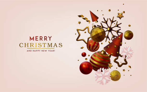istock Abstract Christmas 3D vector illustration with different golden stars, Christmas trees and balls. 1356601617