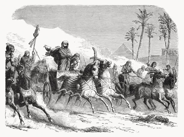 pharao verfolgt die israeliten (exodus 14), holzstich, veröffentlicht 1862 - chariot stock-grafiken, -clipart, -cartoons und -symbole