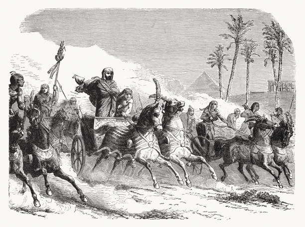 ilustrações, clipart, desenhos animados e ícones de faraó persegue os israelitas (êxodo 14), gravura de madeira, publicado em 1862 - chariot
