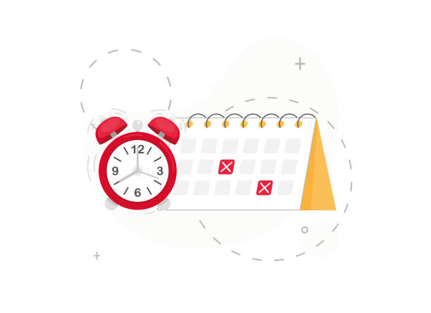 Calendar with alarm clock Schedule concept with calendar and alarm clock. Crosses on dates in the calendar. Deadline in work. Flat design cancelled stock illustrations