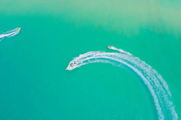 Aerial drone photo of extreme powerboat donut water-sports cruis in Phuket, Phuket, Thailand