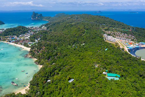 Aerial drone photo of iconic tropical beach and resorts of Phi P in Phi, Yasothon, Thailand