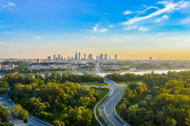 Beautiful panoramic aerial drone view to the Center of modern Wa in Warsaw, Masovian Voivodeship, Poland