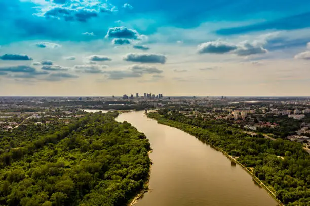 Aerial view of Vistula river and Warsaw city center in Warsaw, Masovian Voivodeship, Poland