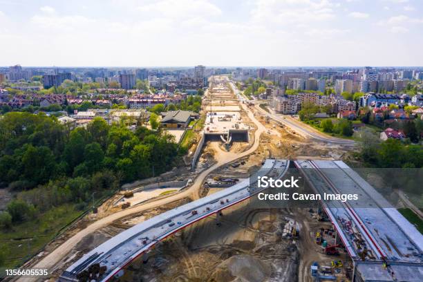 Construction Of New Road At Suburb Area Aerial Top View On Indu Stock Photo - Download Image Now