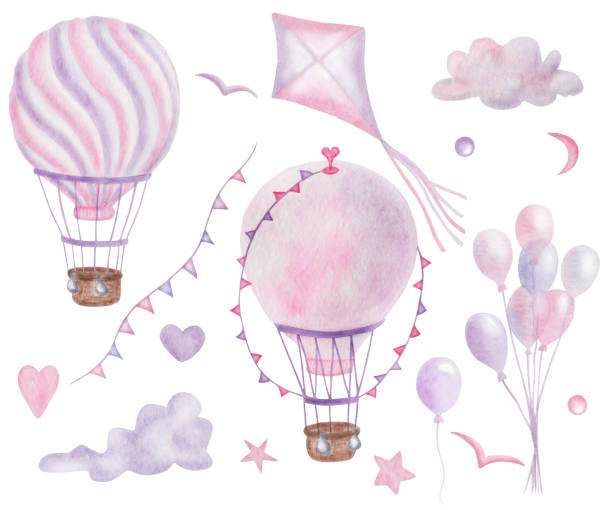 Watercolor illustration of hand painted pink purple air balloons, kites, birds, hearts, stars, clouds isolated on white. Clip art elements for children, birthday celebration, invitation postcards Watercolor hand painted colorful pink purple air balloons, kites, birds, hearts, stars, clouds isolated on white. Clip art elements for children, birthday celebration, invitation postcards, design sky kite stock illustrations