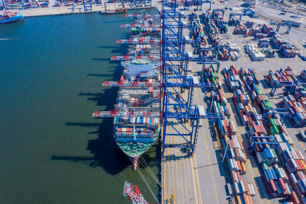 istock Container ship in import export and business logistic, By crane, 1356606203