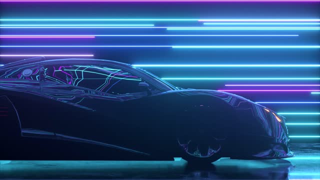 Futuristic concept. Sports car on the background of glowing neon lines. Blue purple color. 3d animation of seamless loop