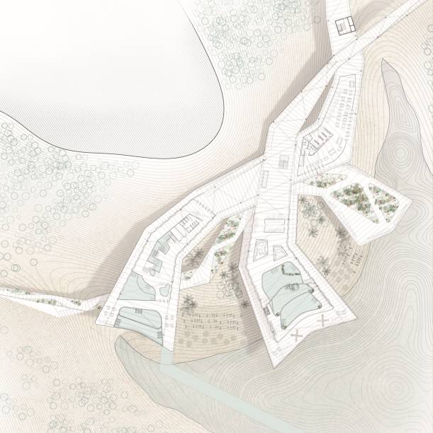 istock Architectural Drawing Plan of Spa Center in a lakeshore. Including swimming pools and elevated paths with a beautiful view of the lake. 1356607552