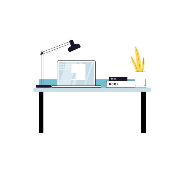 istock Flat cartoon laptop on work desk,electronic equipment,furniture and office interior elements vector illustration concept 1356608506