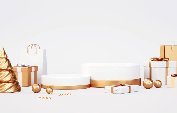 istock Two Xmas podiums with white and golden decorative stuff for product presentation. Elegant pedestal platforms for promotional Xmas marketing and online shopping concept in 3D rendering. 1356612621