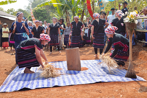Traditionally dressed barefoot thai village women are performing harvest festival with wheat in village in Chiang Mai province. Women are wearing headscarf. People in background are watching