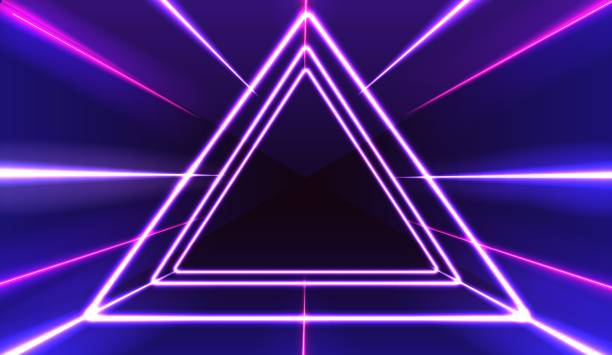 Neon abstract triangle. Glowing frame. Vintage electric symbol. Burning a pointer to a black wall in a club, bar or cafe. Neon abstract triangle. Glowing frame. Vintage electric symbol. Burning a pointer to a black wall in a club, bar or cafe. Design element for your ad, sign, poster, banner. Vector illustration chromium element periodic table stock illustrations