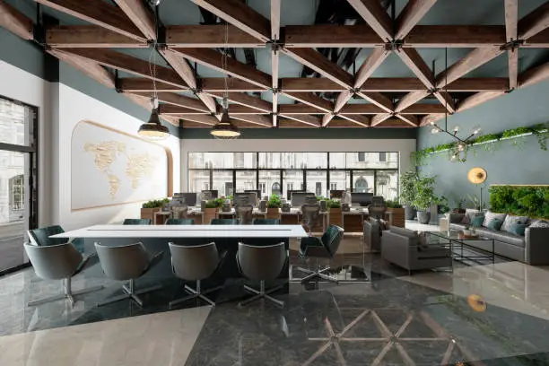 Photo of Eco-Friendly Open Plan Modern Office With Tables, Office Chairs, Meeting Table, Waiting Area And Creeper Plants
