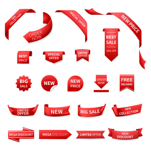 red sale banners Set red sale banners, online shopping tags, labels web banners, isolated badges. Ribbon badges, vector illustration. corner ribbon stock illustrations