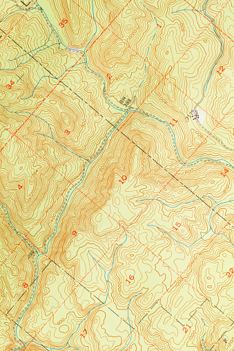 Green and Red Topographic Map with Terrain Relief.