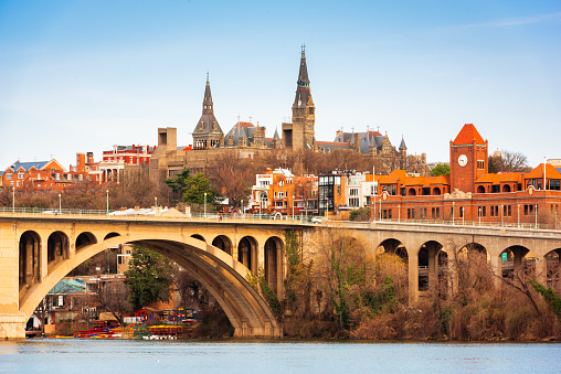 Georgetown, Washington DC, USA skyline on the Potomac River in the day.