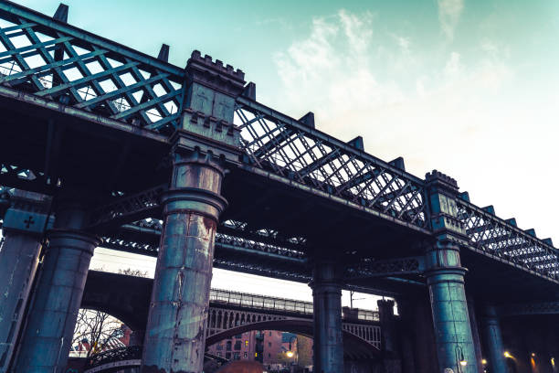 Dark and gloomy industrial atmosphere under the historical rail bridges in Manchester