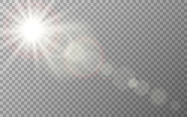 ilustrações de stock, clip art, desenhos animados e ícones de lens flare effect. sun glare on transparent backdrop. light rings and color highlights. sunlight bright flash with rays. sunny warm glow. vector illustration - lens flare