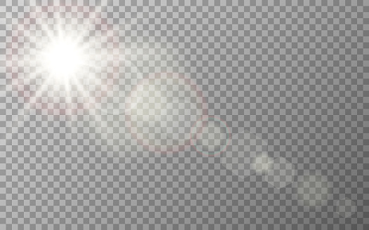 Lens flare effect. Sun glare on transparent backdrop. Light rings and color highlights. Sunlight bright flash with rays. Sunny warm glow. Vector illustration.