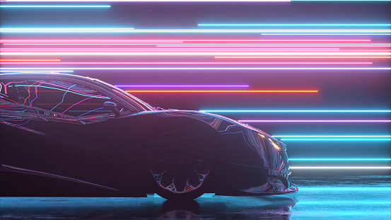 Futuristic concept. The sports car is moving against the backdrop of glowing neon lines. Blue purple color. 3d Illustration. High quality 3d illustration