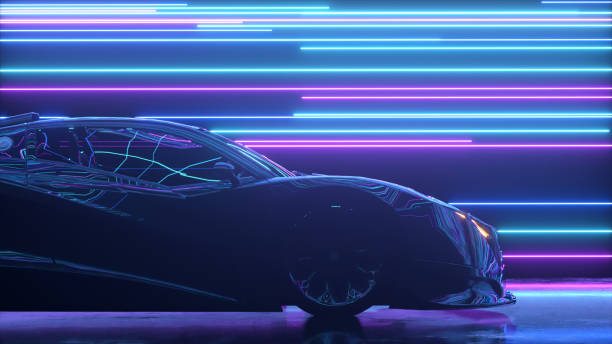 Futuristic concept. Sports car on the background of glowing neon lines. Blue purple color. 3d Illustration stock photo