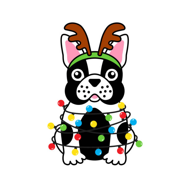 French bulldog in costume christmas deer tangled christmas lights vector art illustration