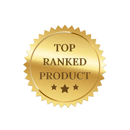Gold seal for top ranked product vector illustration. Golden medal for best quality and shiny award for first place winners, foil ranking label certificate or emblem isolated on white background