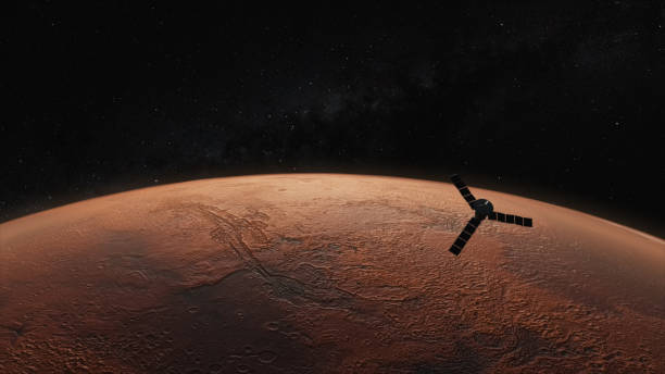 istock Cosmos concept. A space satellite flies over the red planet. Mars. 3d Illustration 1356627811