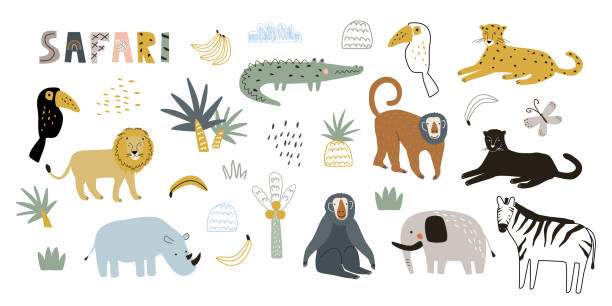 set mit niedlichen tieren giraffe, nashorn, leopard, krokodil, zebra, affe und elefant, tukan auf einer palme. vektorillustration für den druck. süßer babyhintergrund. - safaritiere stock-grafiken, -clipart, -cartoons und -symbole